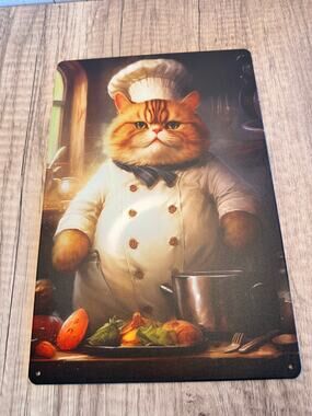 Chef Kitty Metal Sign Cute Cat Chef Cat Metal Home Decor FAST SHIP
